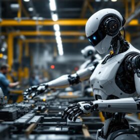 A photograph of a sleek industrial robot in action within a manufacturing environment