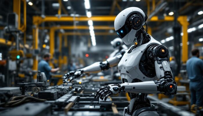 A photograph of a sleek industrial robot in action within a manufacturing environment