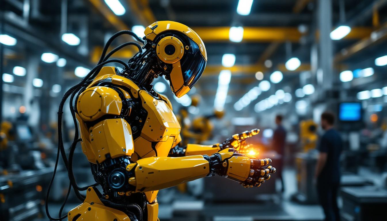 A photograph of a sleek industrial robot in action within a modern manufacturing environment
