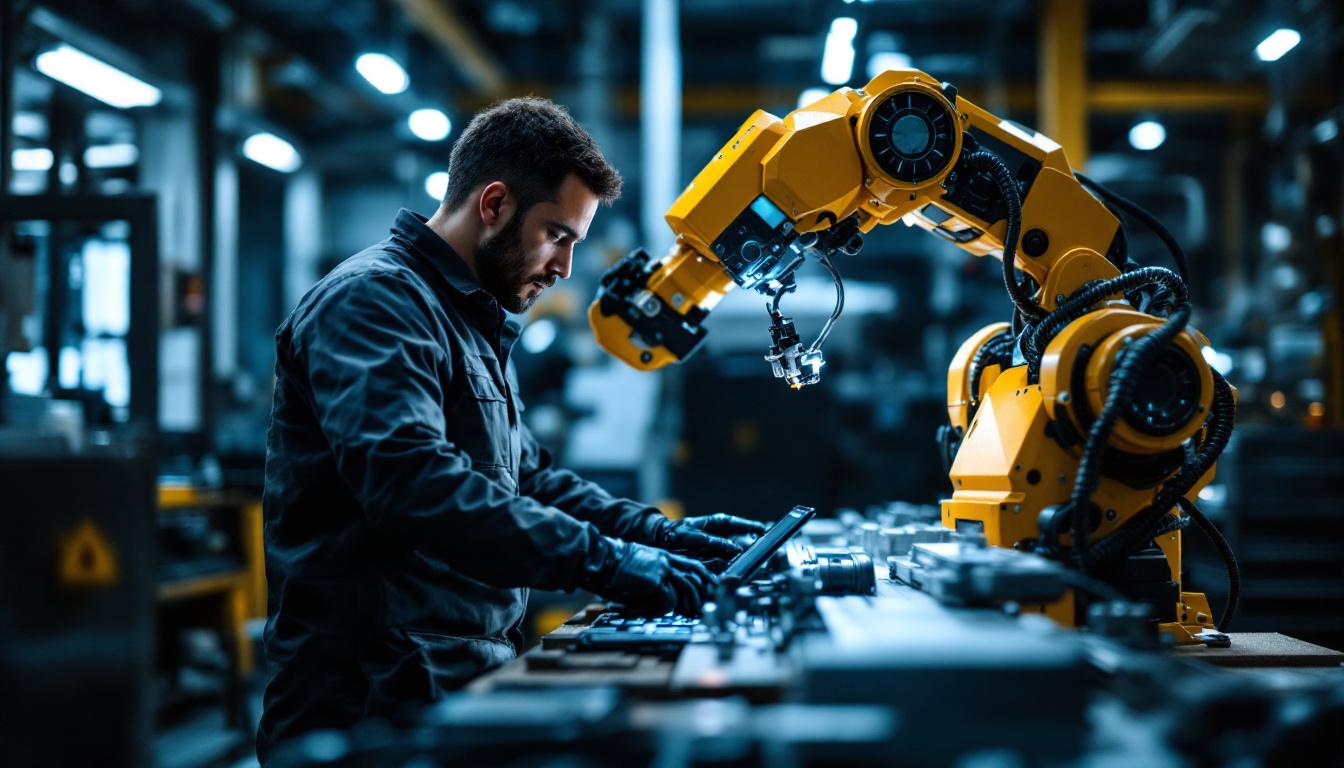 A photograph of a skilled technician operating a cnc machine alongside an industrial robot in a modern manufacturing setting