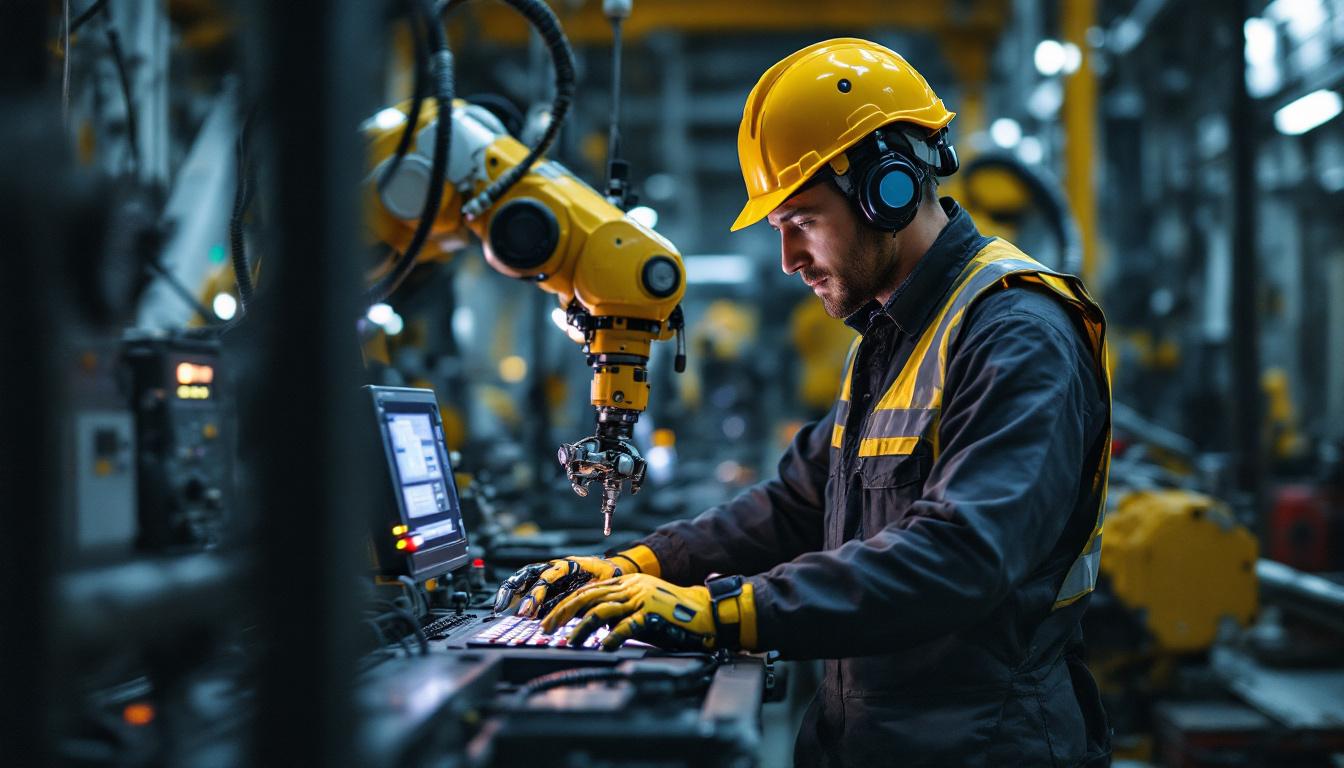 A photograph of a skilled technician operating an industrial robot in a dynamic jobsite environment