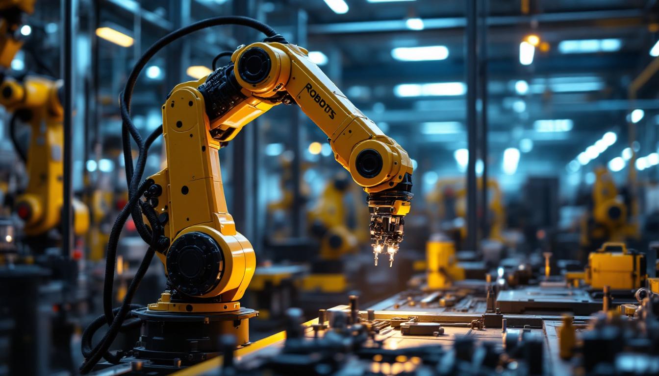 A photograph of a sleek industrial robotic arm in action within a modern manufacturing facility