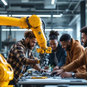 A photograph of a dynamic scene featuring a diverse group of interns collaborating around an industrial robotic arm in a modern boston workspace