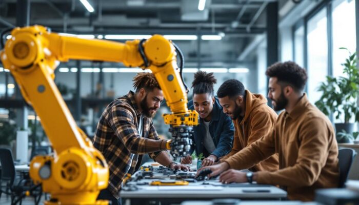 A photograph of a dynamic scene featuring a diverse group of interns collaborating around an industrial robotic arm in a modern boston workspace