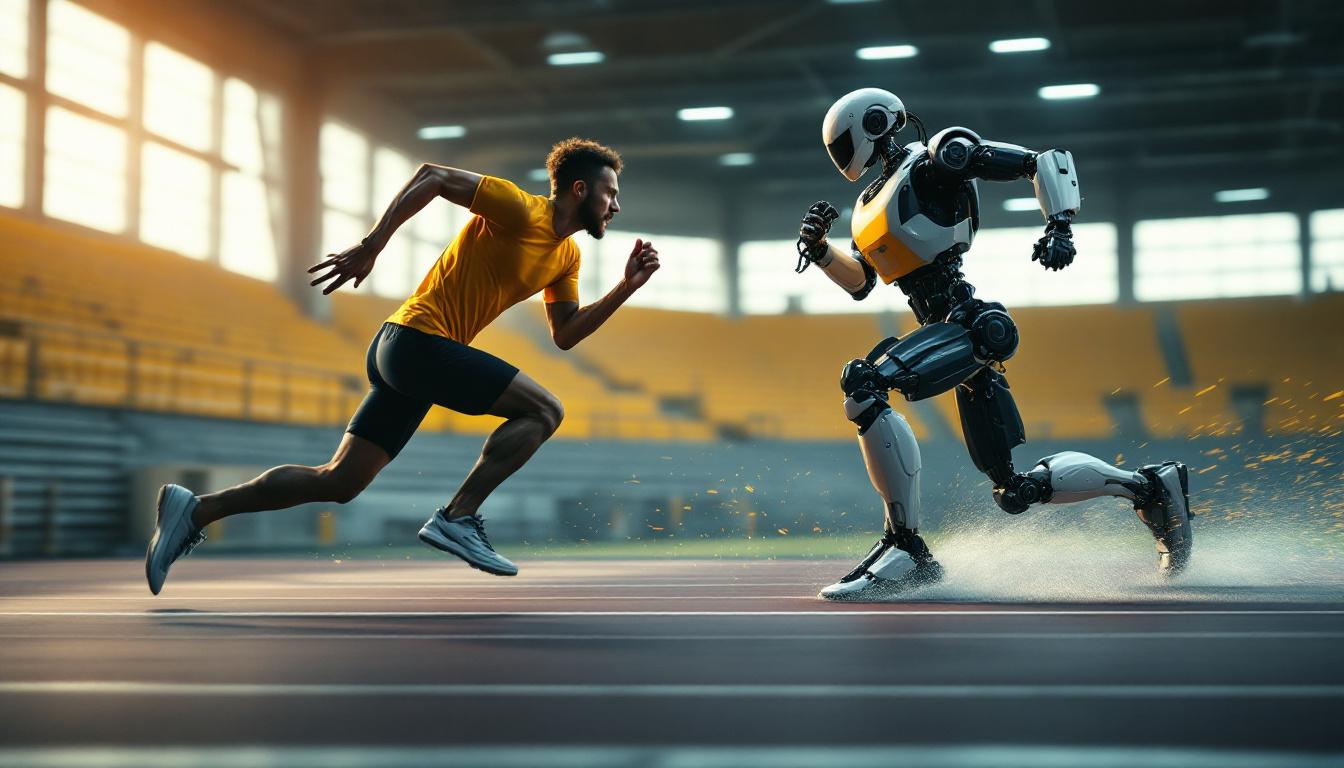 A photograph of a dynamic scene featuring a human runner sprinting at full speed on a track