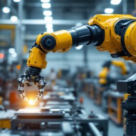 A photograph of a sleek industrial robotic arm in action
