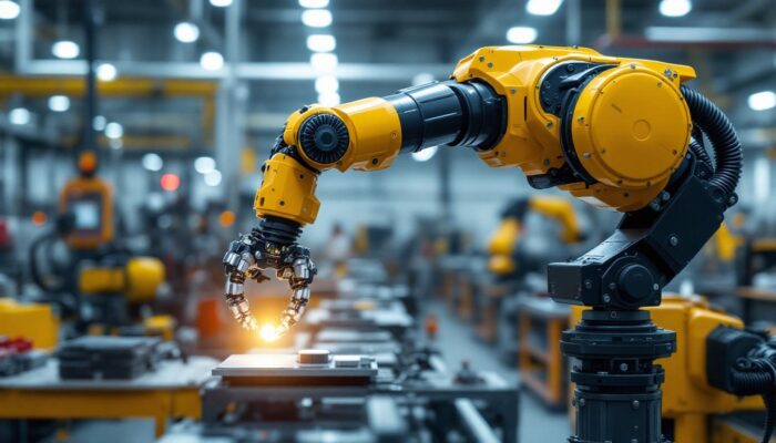 A photograph of a sleek industrial robotic arm in action