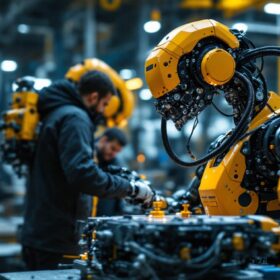 A photograph of a dynamic industrial robot in action