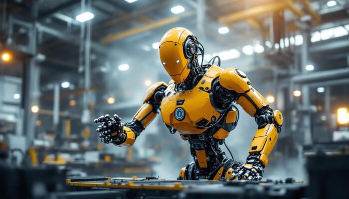 A photograph of a dynamic scene showcasing a large industrial robot in action