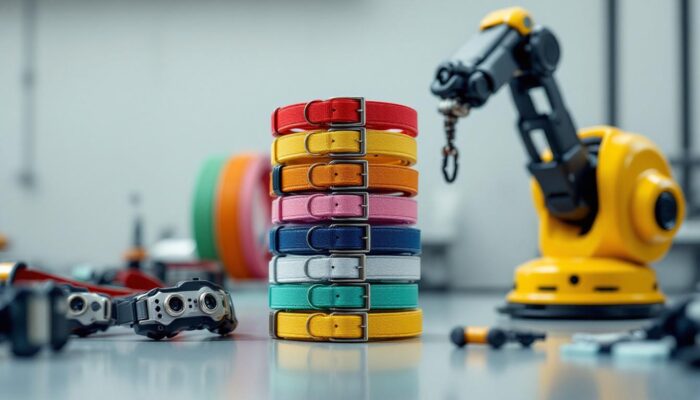 A photograph of a vibrant display of various colored dog collars arranged artistically alongside a sleek industrial robotic arm