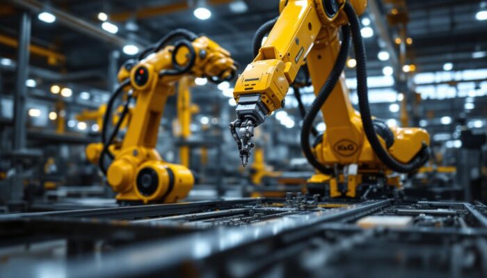 A photograph of a dynamic industrial robotic arm in action within a k & g automotive facility