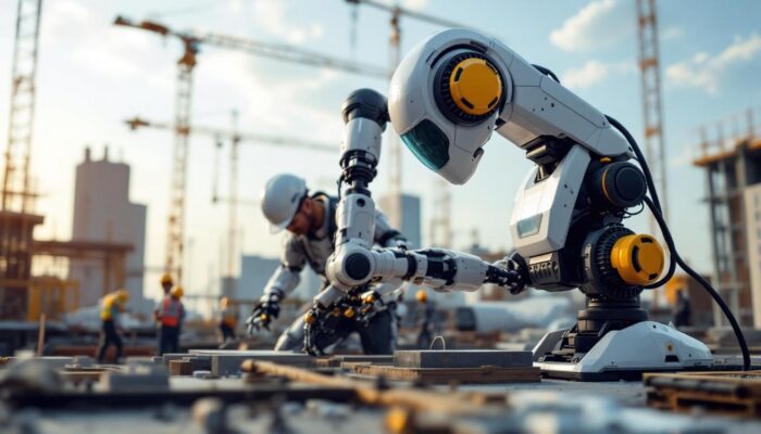 A photograph of a sleek industrial robot in action on a construction site