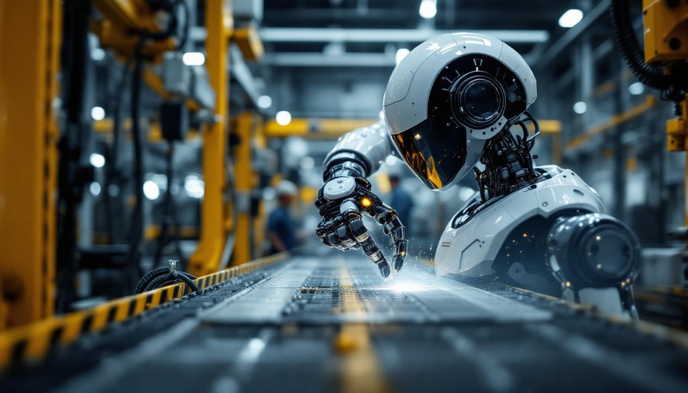 A photograph of a sleek industrial robot in action within a manufacturing environment