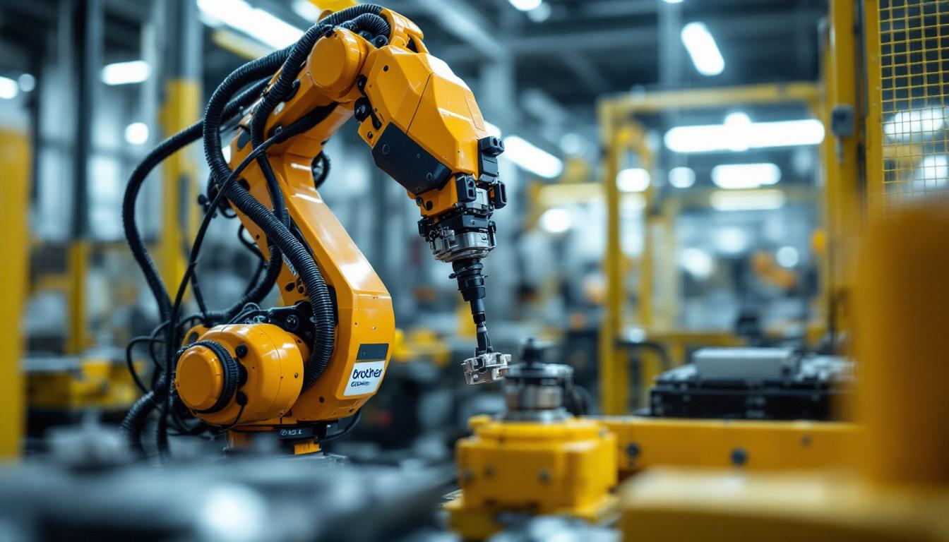 A photograph of a brother electronics industrial robot in action within a manufacturing environment