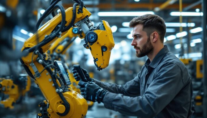 A photograph of a skilled technician programming or operating an industrial robot in a modern manufacturing environment