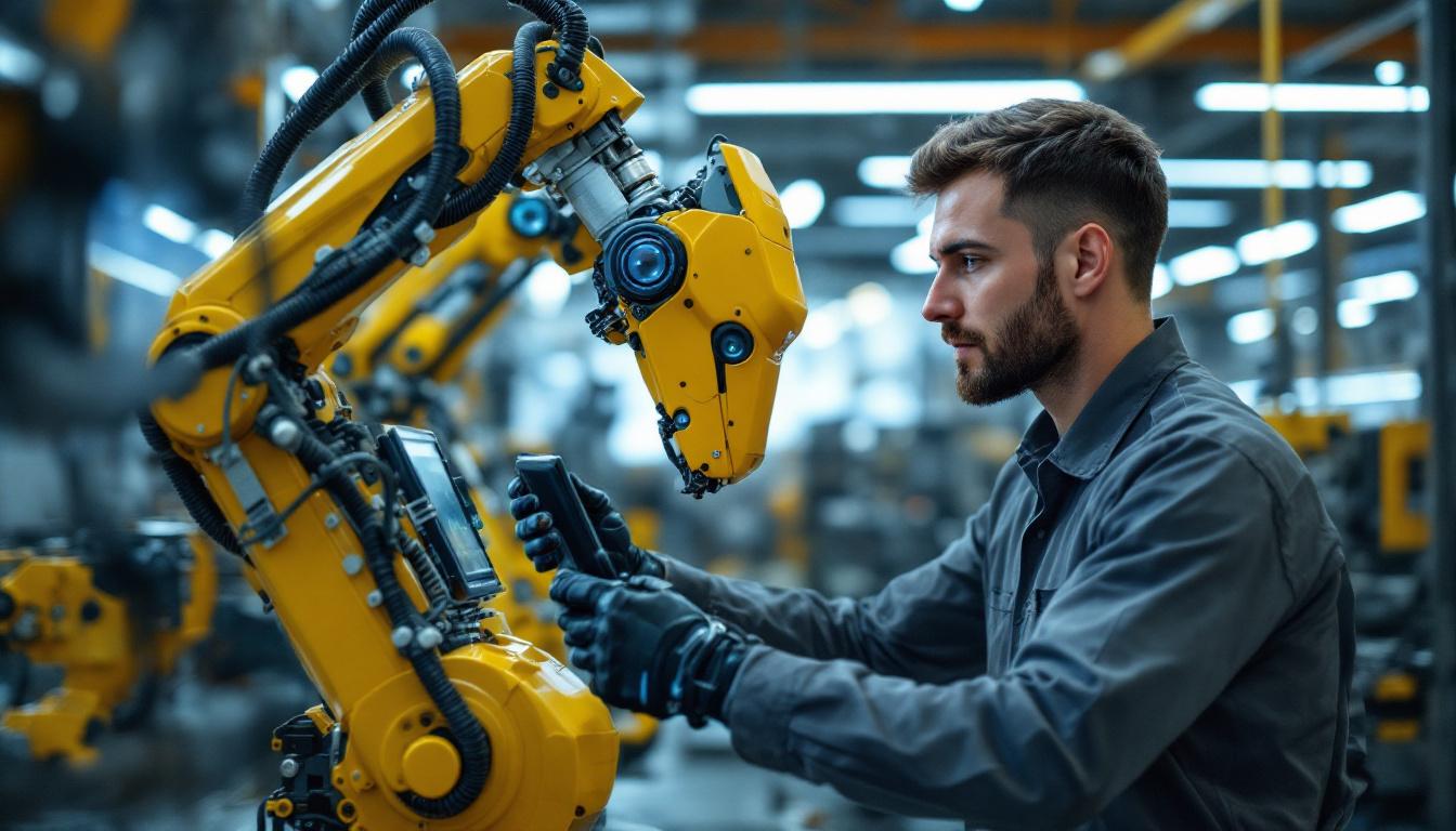 A photograph of a skilled technician programming or operating an industrial robot in a modern manufacturing environment