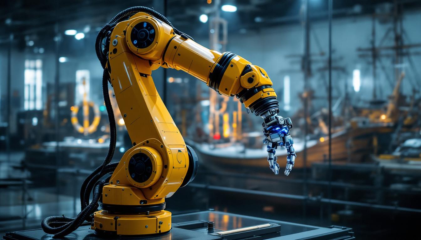 A photograph of a dynamic industrial robotic arm in action at the museum seaport boston