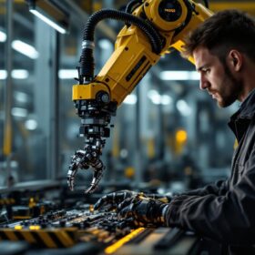 A photograph of a skilled technician programming or operating an advanced industrial robotic arm in a modern factory setting