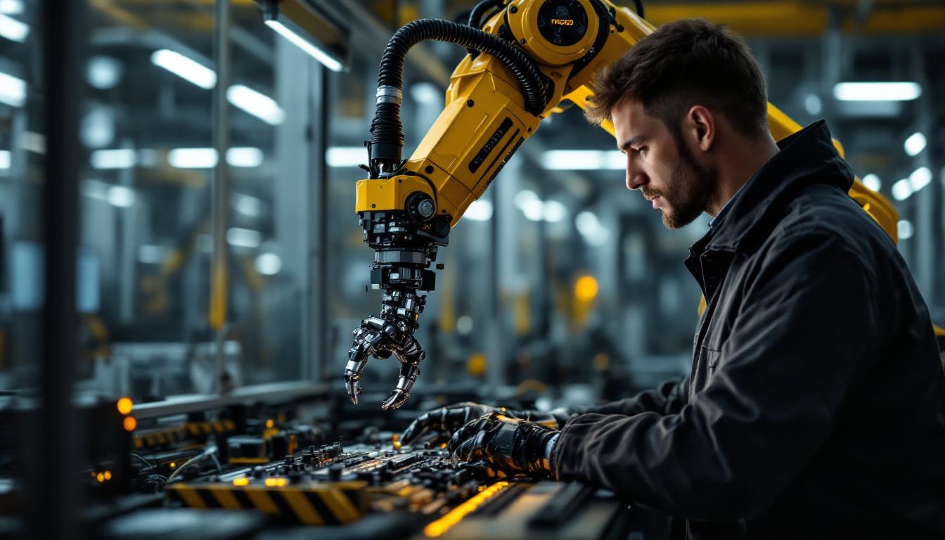 A photograph of a skilled technician programming or operating an advanced industrial robotic arm in a modern factory setting