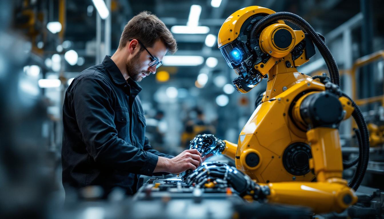 A photograph of a skilled mechanical engineering intern working alongside an industrial robot in a modern manufacturing setting