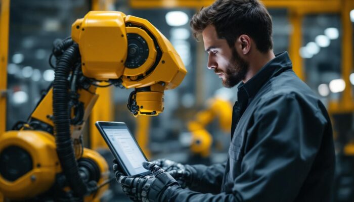 A photograph of a skilled technician programming or interacting with an industrial robot in a modern manufacturing environment