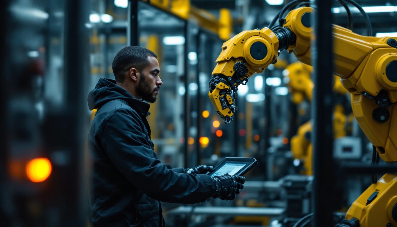 A photograph of capture a photograph of a skilled technician programming or operating an industrial robot in a modern manufacturing environment