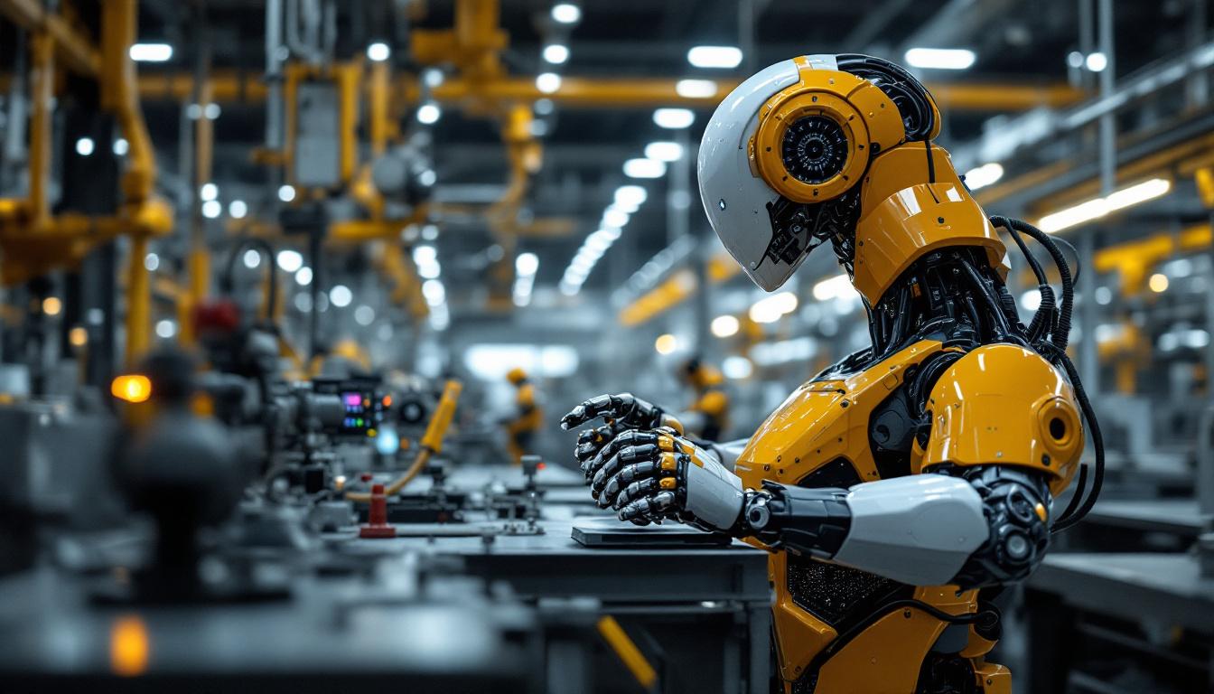 A photograph of a sleek industrial robot in action within a modern manufacturing facility