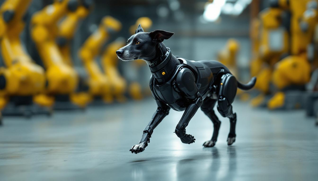 A photograph of a dog walking with its back legs crossing