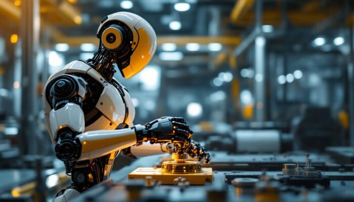 A photograph of a sleek industrial robot in action within a modern manufacturing environment
