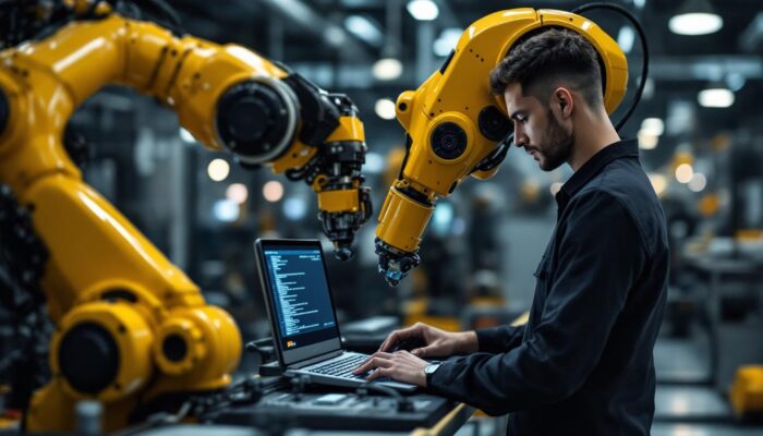 A photograph of a skilled technician programming an industrial robotic arm