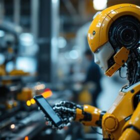A photograph of a modern industrial robot in action