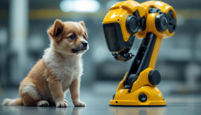 A photograph of a tiny dog sitting next to a sleek industrial robotic arm