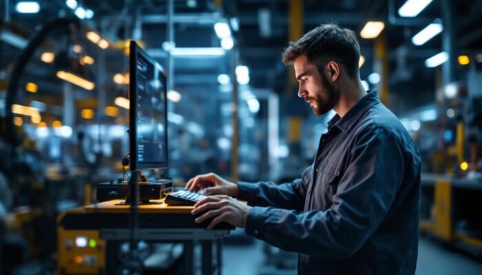 A photograph of a skilled technician programming or operating an industrial robot in a modern manufacturing environment