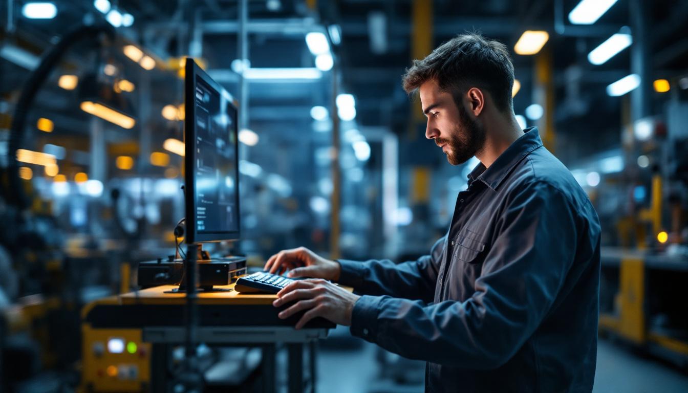 A photograph of a skilled technician programming or operating an industrial robot in a modern manufacturing environment