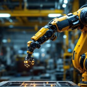 A photograph of a sleek industrial robotic arm in action