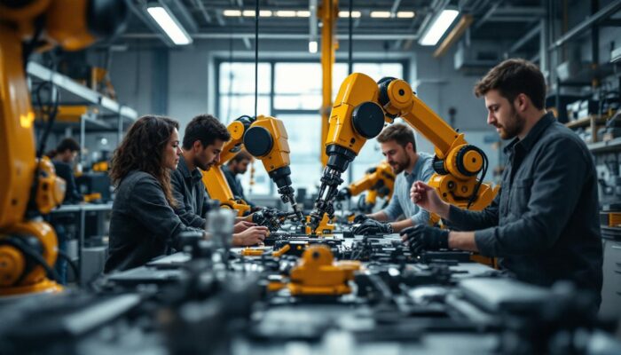 A photograph of a dynamic scene featuring students and faculty engaged in hands-on robotics projects in a high-tech lab at boston university