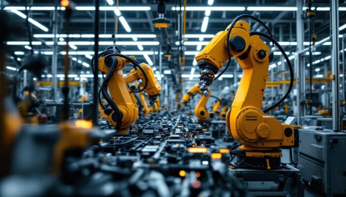 A photograph of a state-of-the-art manufacturing facility featuring industrial robots in action