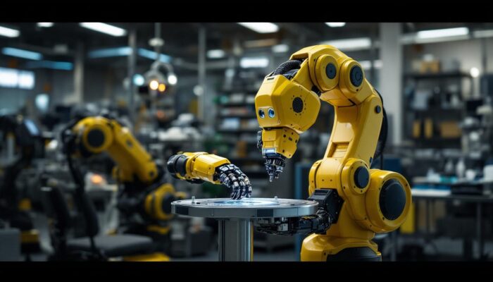 A photograph of a state-of-the-art industrial robotic system in action at spector eye care