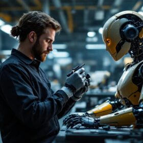 A photograph of a skilled technician working on an intricate animatronic figure in a well-lit workshop