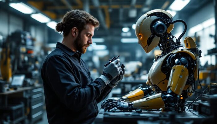 A photograph of a skilled technician working on an intricate animatronic figure in a well-lit workshop