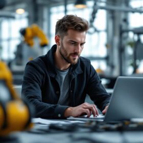 A photograph of a skilled software engineer working collaboratively in a modern office setting