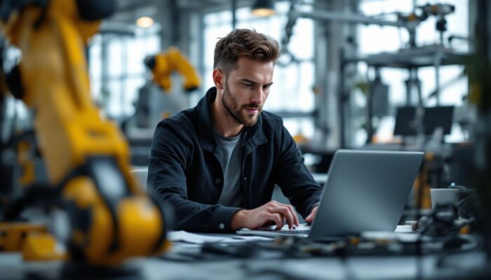 A photograph of a skilled software engineer working collaboratively in a modern office setting