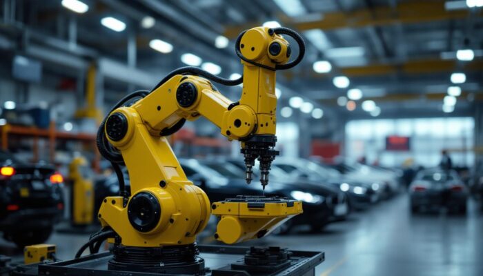 A photograph of a sleek industrial robotic arm in action
