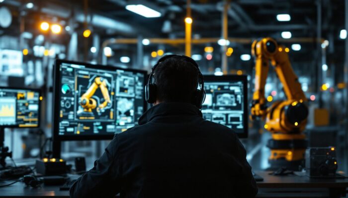 A photograph of a surveillance operator monitoring industrial robotic systems in a high-tech control room