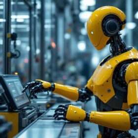 A photograph of a humanoid robot interacting with industrial machinery in a modern manufacturing environment