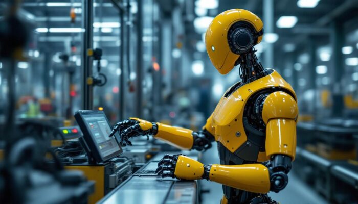 A photograph of a humanoid robot interacting with industrial machinery in a modern manufacturing environment
