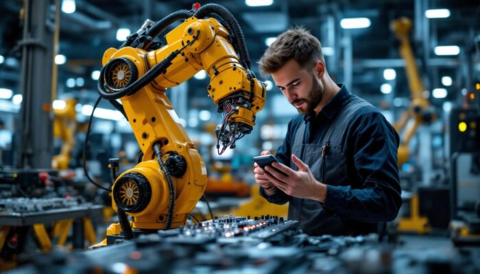 A photograph of a skilled electrical engineer working on an industrial robotic arm in a modern manufacturing setting