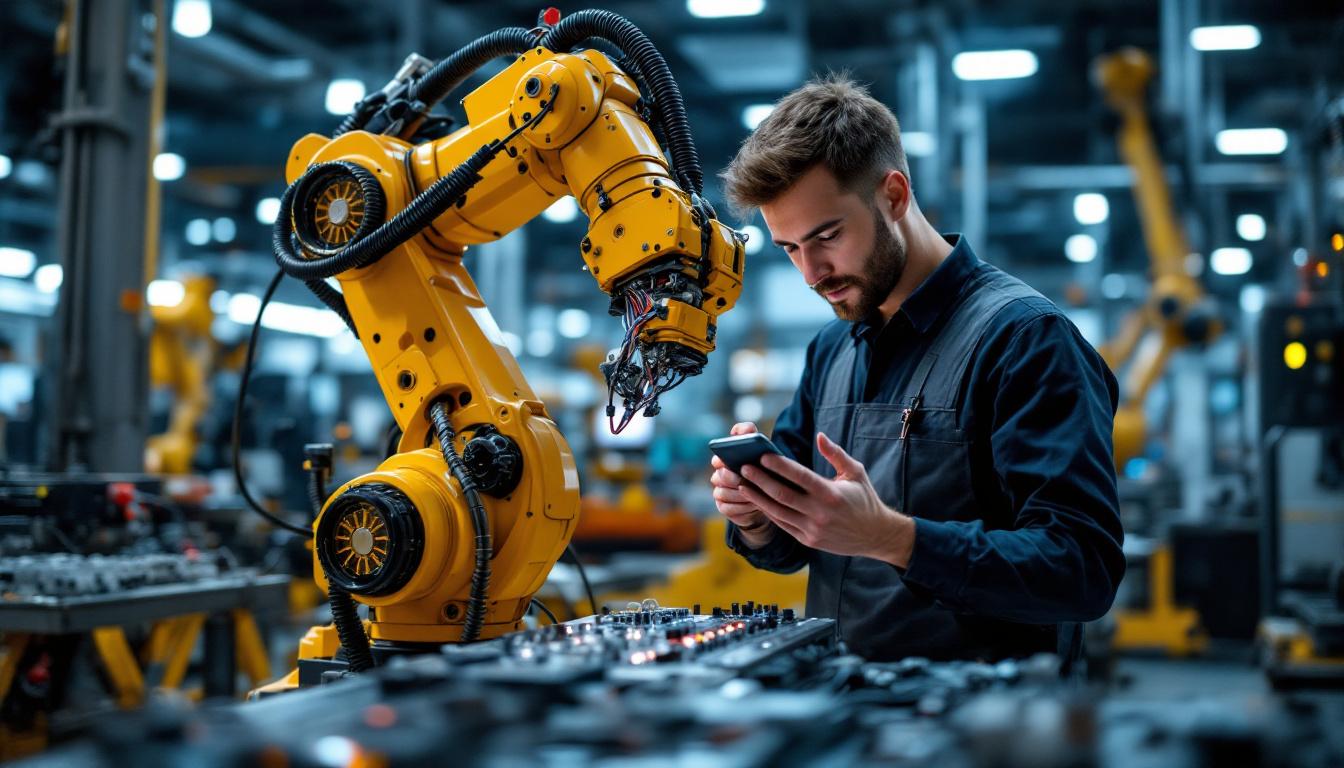 A photograph of a skilled electrical engineer working on an industrial robotic arm in a modern manufacturing setting