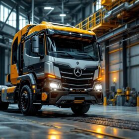 A photograph of a semi truck equipped with a high-tech deer guard in an industrial setting