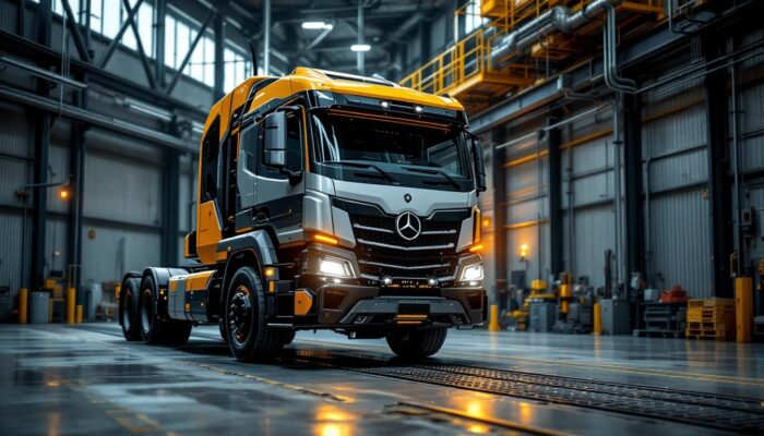 A photograph of a semi truck equipped with a high-tech deer guard in an industrial setting
